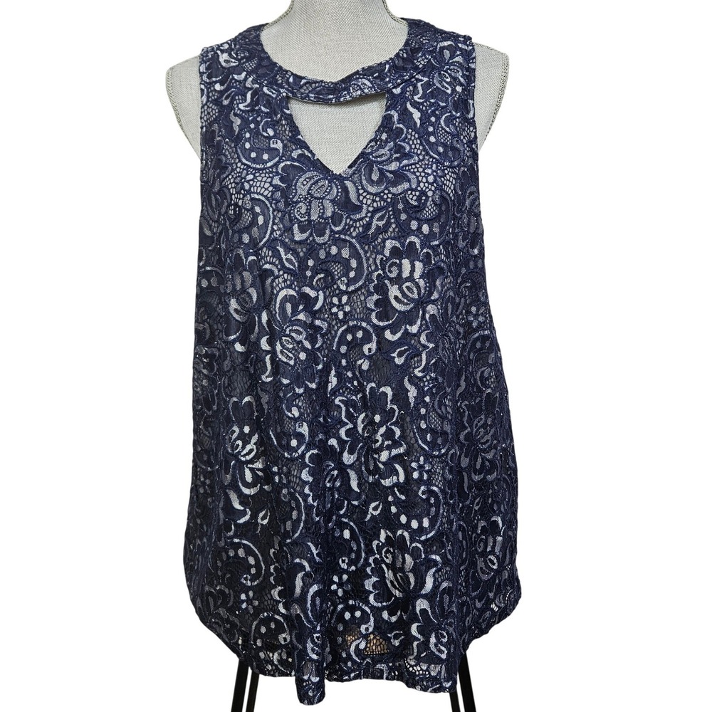 Maurices Blue Silver Metallic Floral Lace Sleeveless Blouse XXL Elegant Coquette